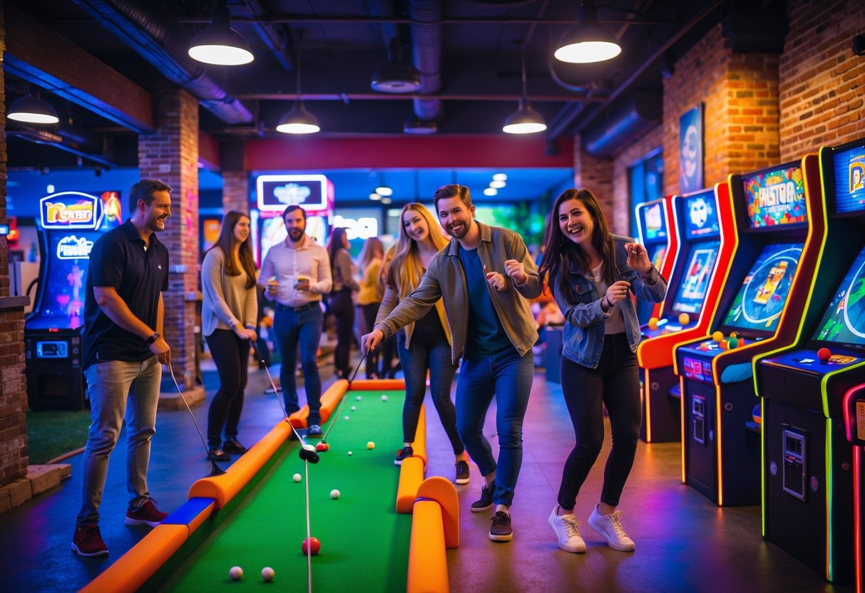 Young adults playing mini golf and arcade games together inside a lively entertainment venue.