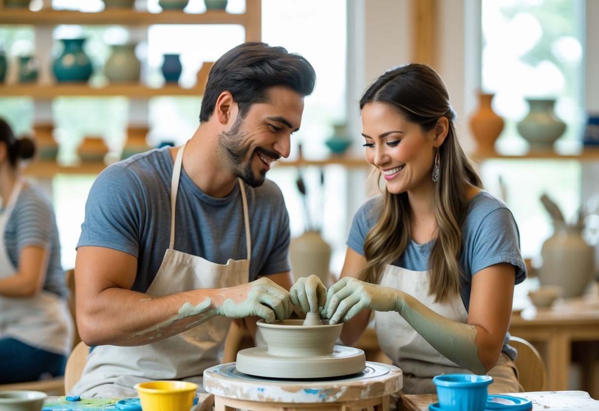 A couple shaping clay together on a pottery wheel inside a bright pottery studio.