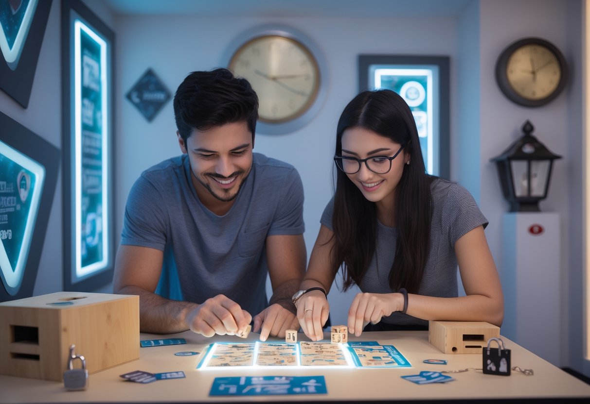 A young couple working together to solve puzzles in an escape room, surrounded by themed decorations and props.