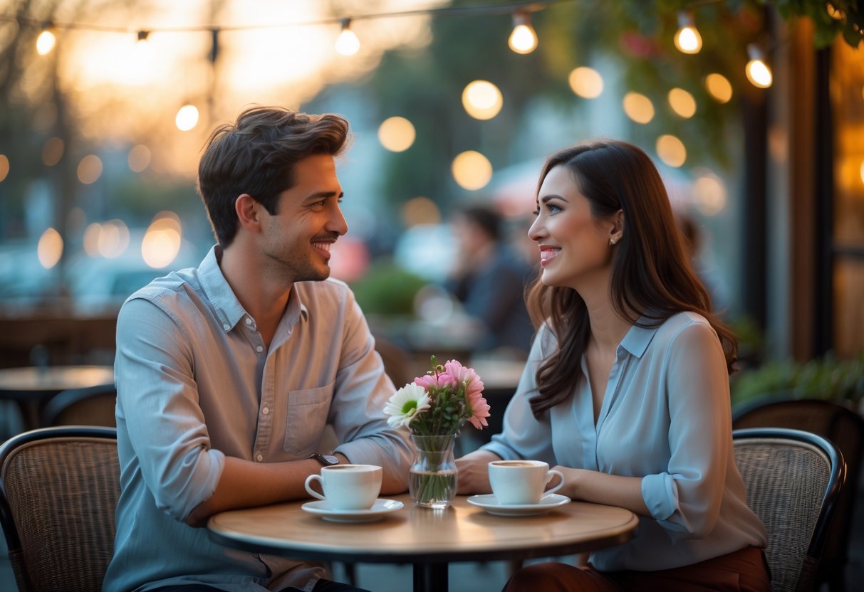 A young couple smiling and talking at an outdoor café table in the evening.