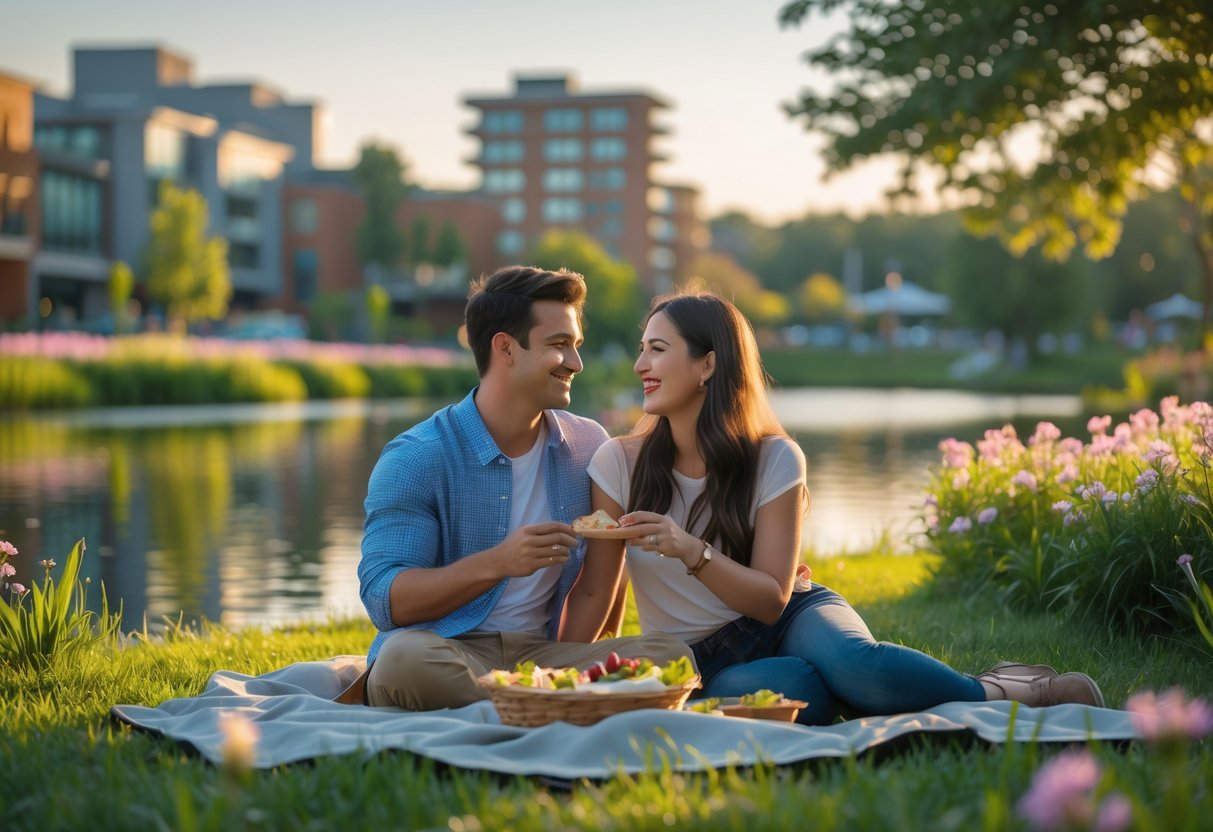 A young couple enjoying a picnic together by a lake in a park surrounded by trees and buildings in Reston, Virginia.