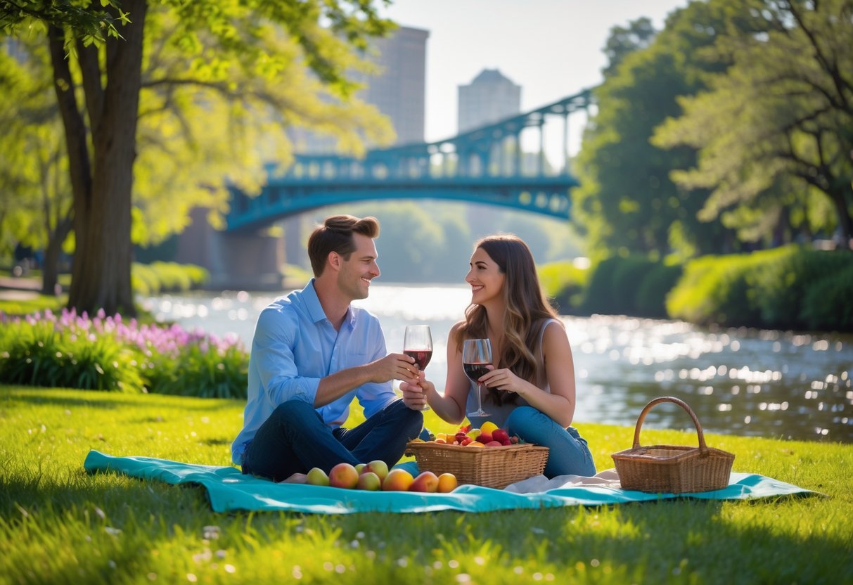 A young couple enjoying a picnic together outdoors near a river and a pedestrian bridge in a park.
