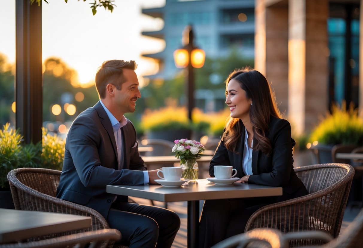 A couple sitting at an outdoor café table in a green urban setting, smiling and enjoying their date.