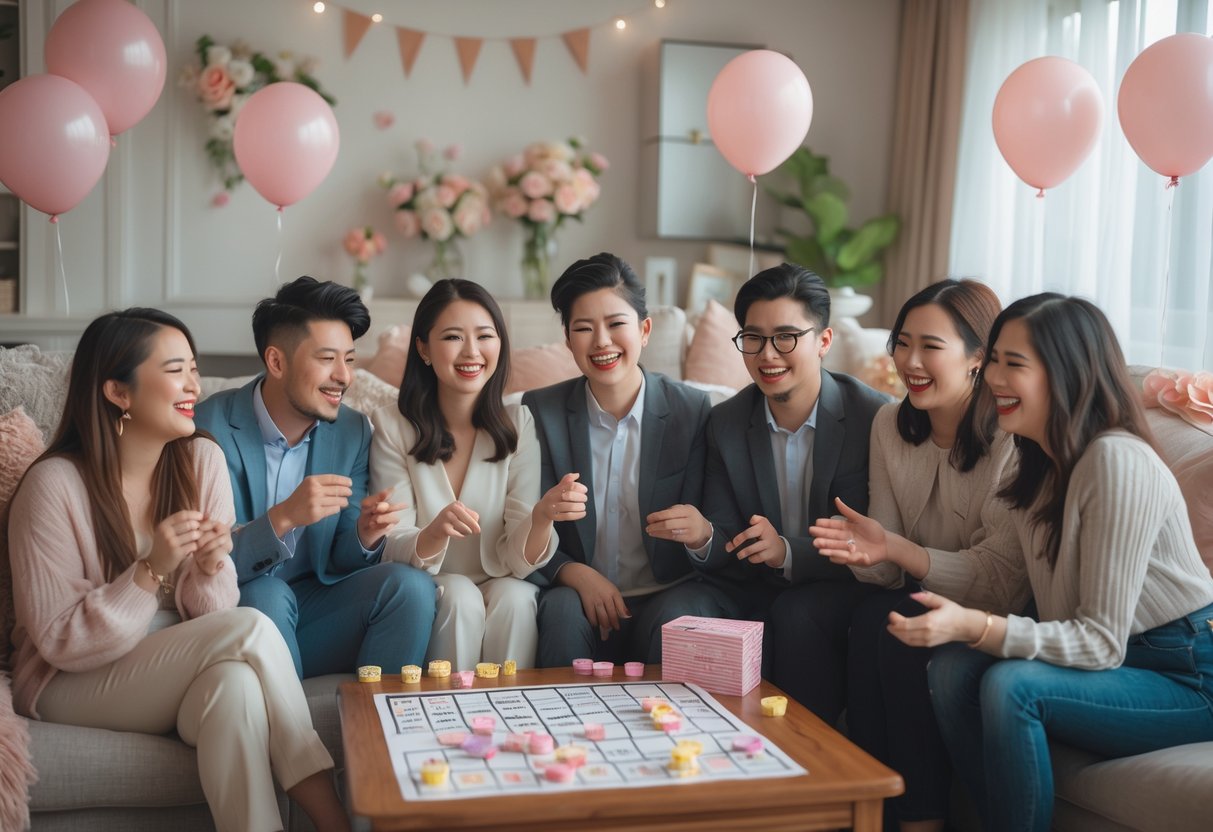 A group of friends playing wedding shower games around a decorated table in a cozy room.