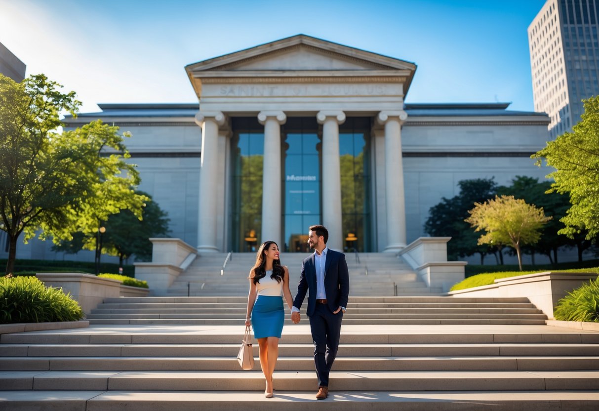 A young couple walking hand-in-hand outside the Saint Louis Art Museum on a sunny day.