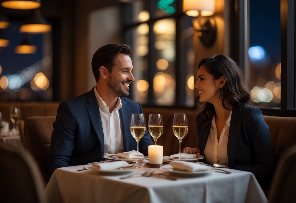 A couple enjoying a romantic dinner at a warmly lit restaurant table with elegant settings.