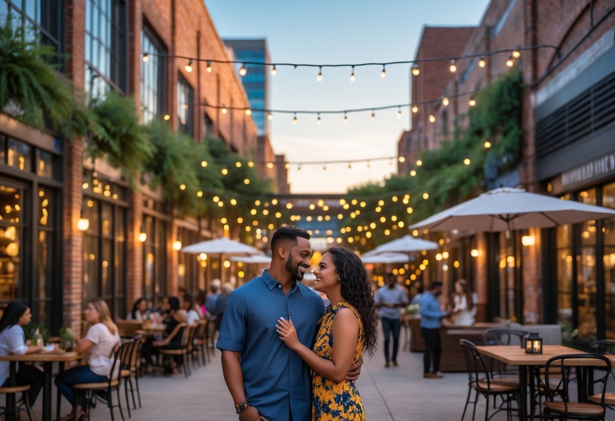 A couple enjoying a date outdoors at a lively urban marketplace with industrial buildings, outdoor dining, and people walking around.