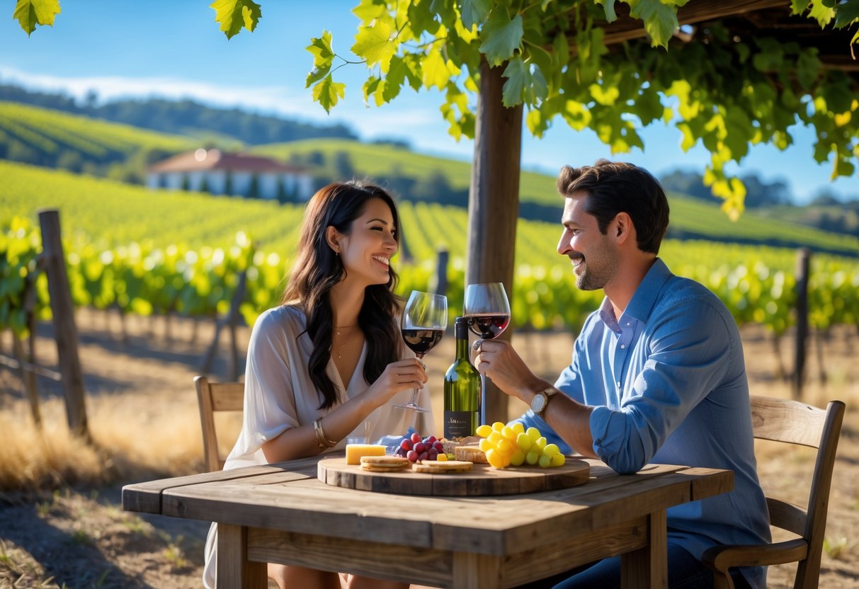 A couple enjoying wine tasting at a vineyard with grapevines and hills in the background.