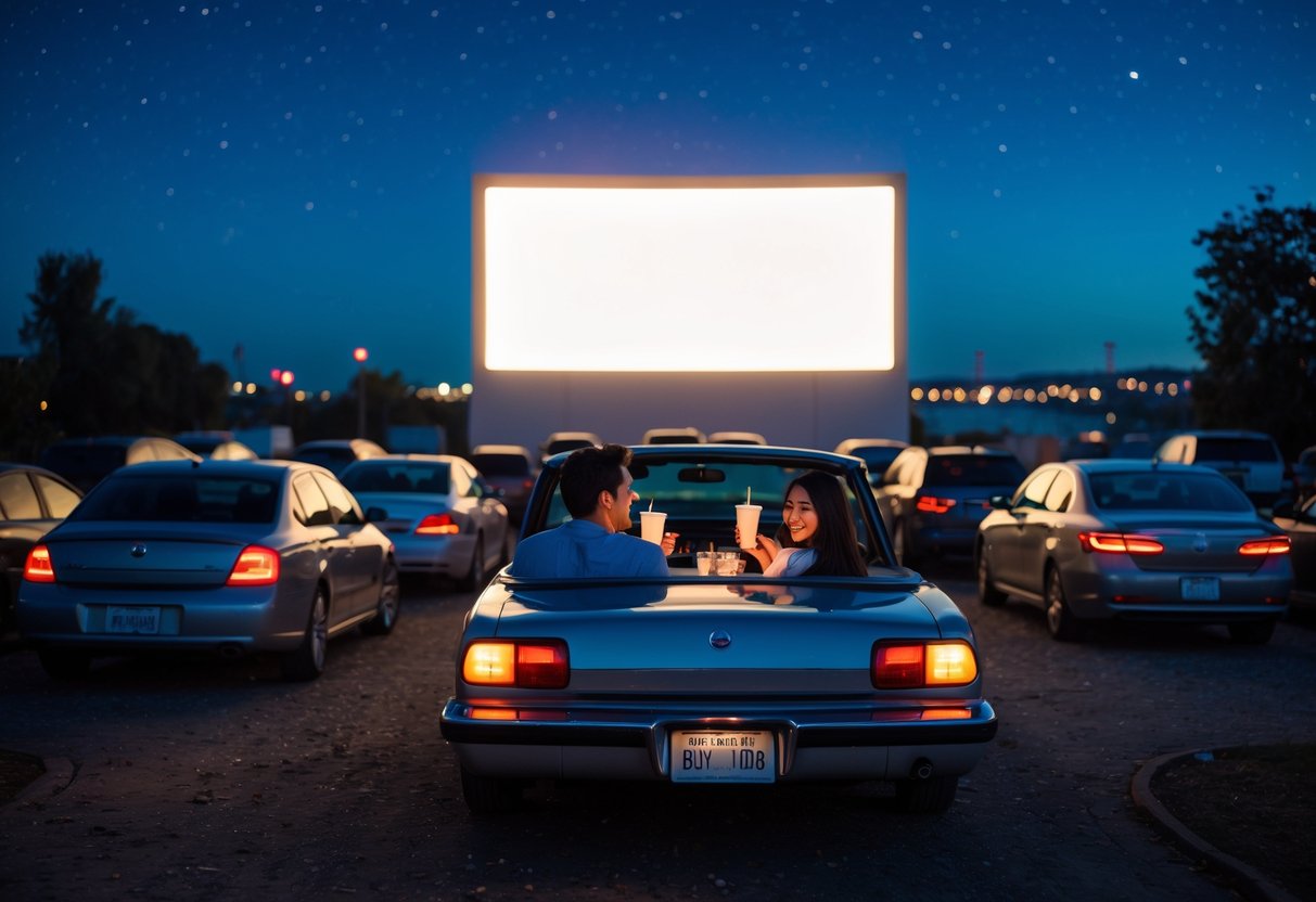 A young couple enjoying a movie inside their car at an outdoor drive-in theater at dusk.