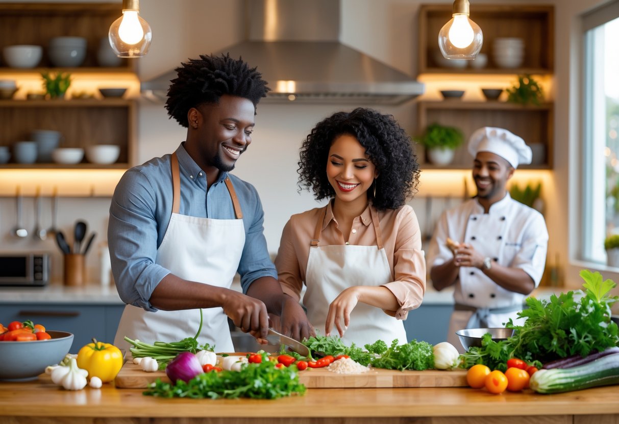 A couple cooking together in a bright kitchen, guided by a chef during a cooking class.
