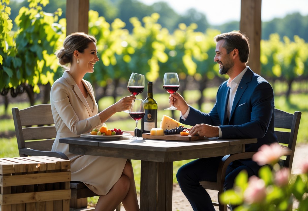 A couple enjoying wine tasting outdoors at a winery surrounded by grapevines and rustic decor.