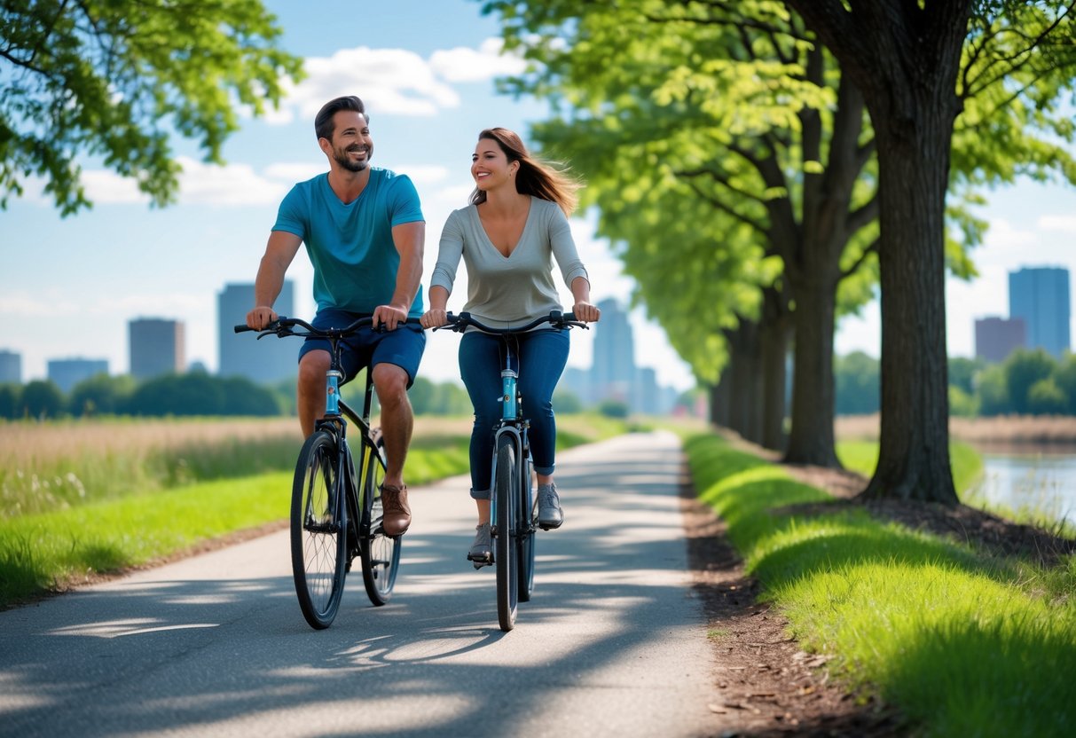 A couple riding bicycles together on a tree-lined trail on a sunny day.