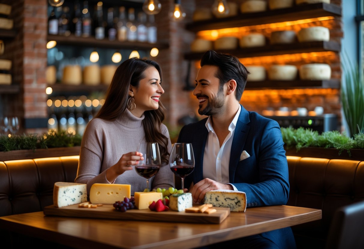 A couple enjoying a romantic dinner at a cheese bar with a table full of cheese, fruits, and wine in a warmly lit restaurant.