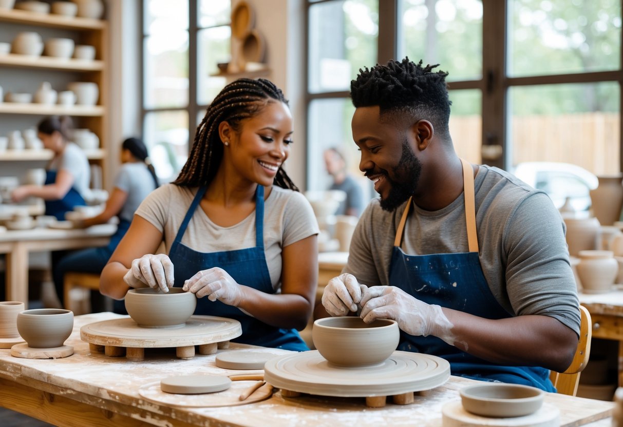 A couple making pottery together in a bright studio, shaping clay on pottery wheels surrounded by shelves of ceramic pieces.