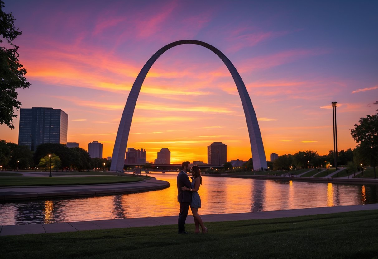 A couple enjoying a sunset near the Gateway Arch in St. Louis with the arch and colorful sky in the background.