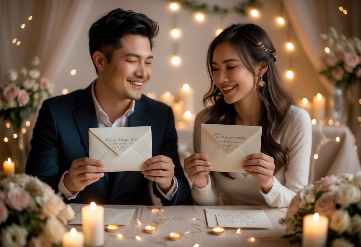 A couple exchanging handwritten love letters at a decorated table during a wedding shower or date night.