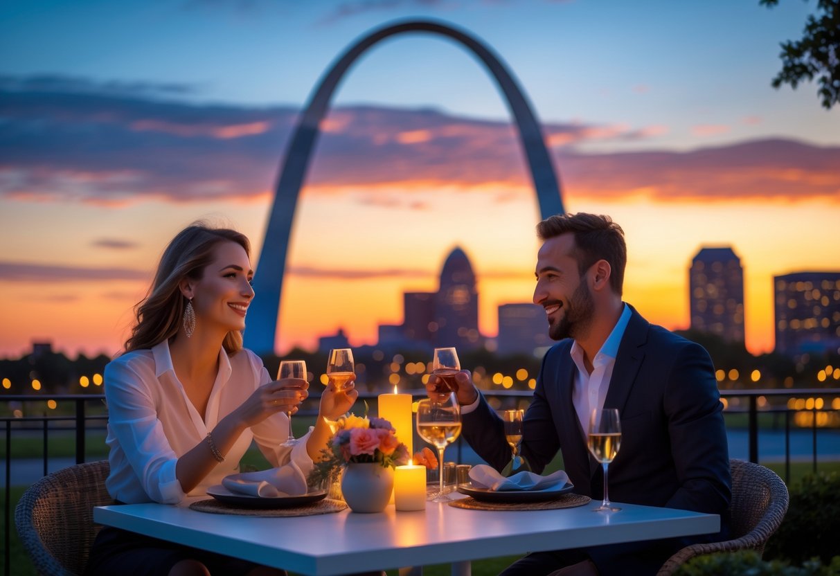 A couple sitting at a candlelit table outdoors near the Gateway Arch at sunset, enjoying a romantic date night with the city skyline in the background.