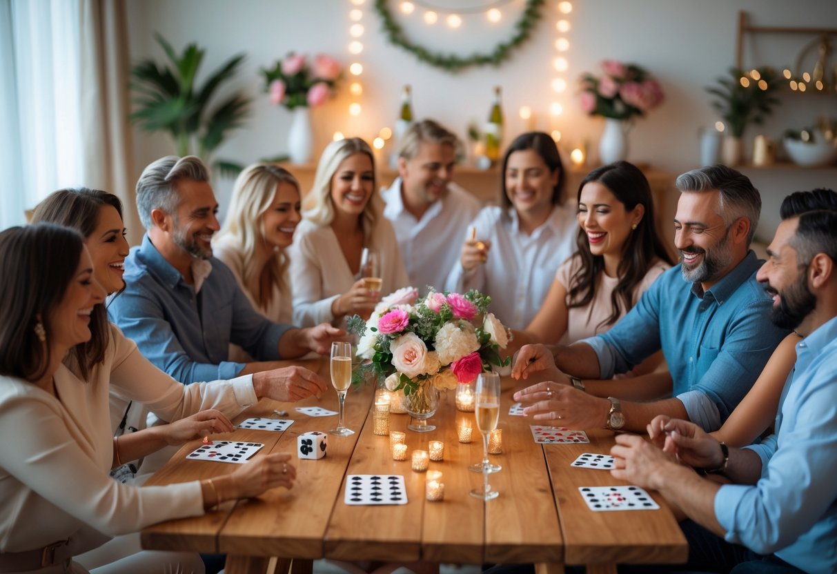 A group of adults playing party games together around a table during a wedding shower and date night gathering.