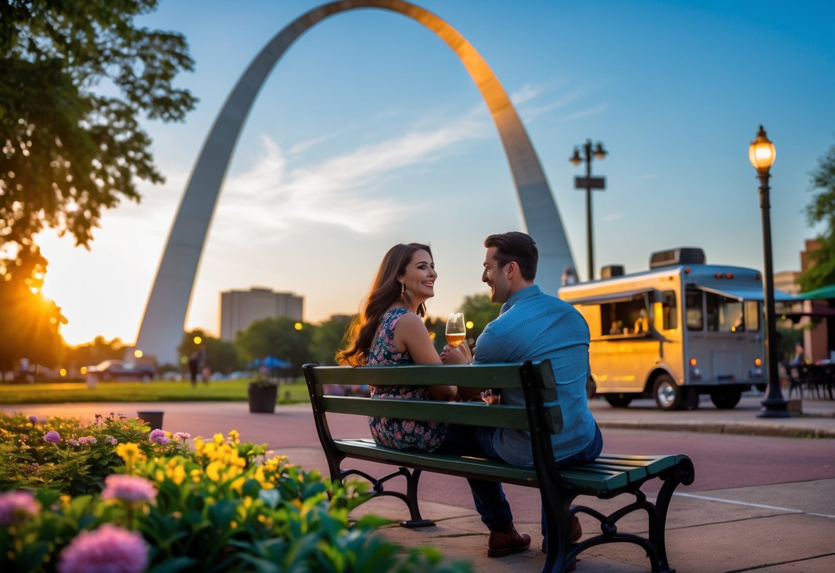A young couple sitting on a park bench near the Gateway Arch in St. Louis, enjoying a sunny day surrounded by greenery and flowers.