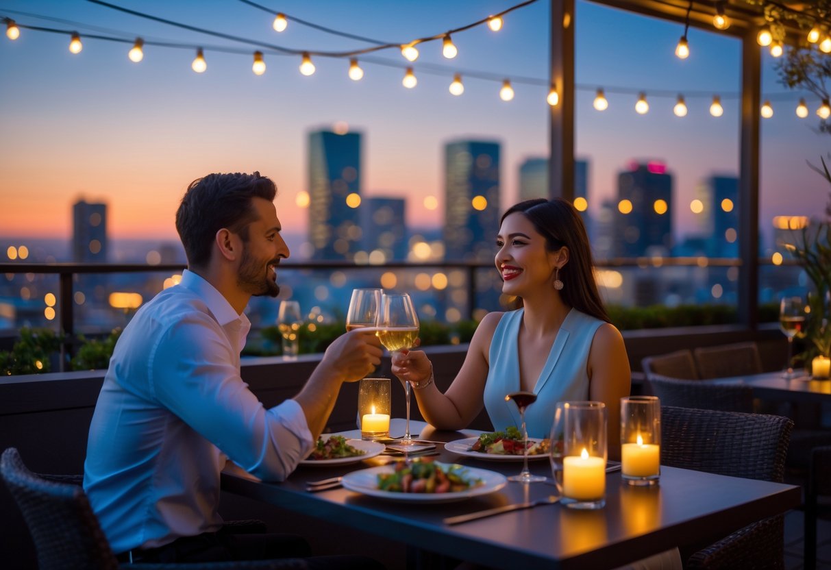 A couple enjoying a romantic outdoor dinner at a rooftop restaurant with the San Jose city skyline in the background at twilight.