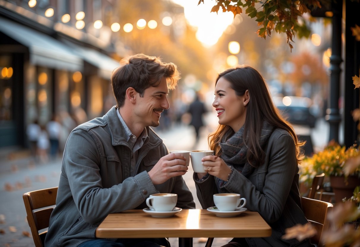 A young couple sitting at a small outdoor café table, sharing coffee and smiling at each other on a quiet street.