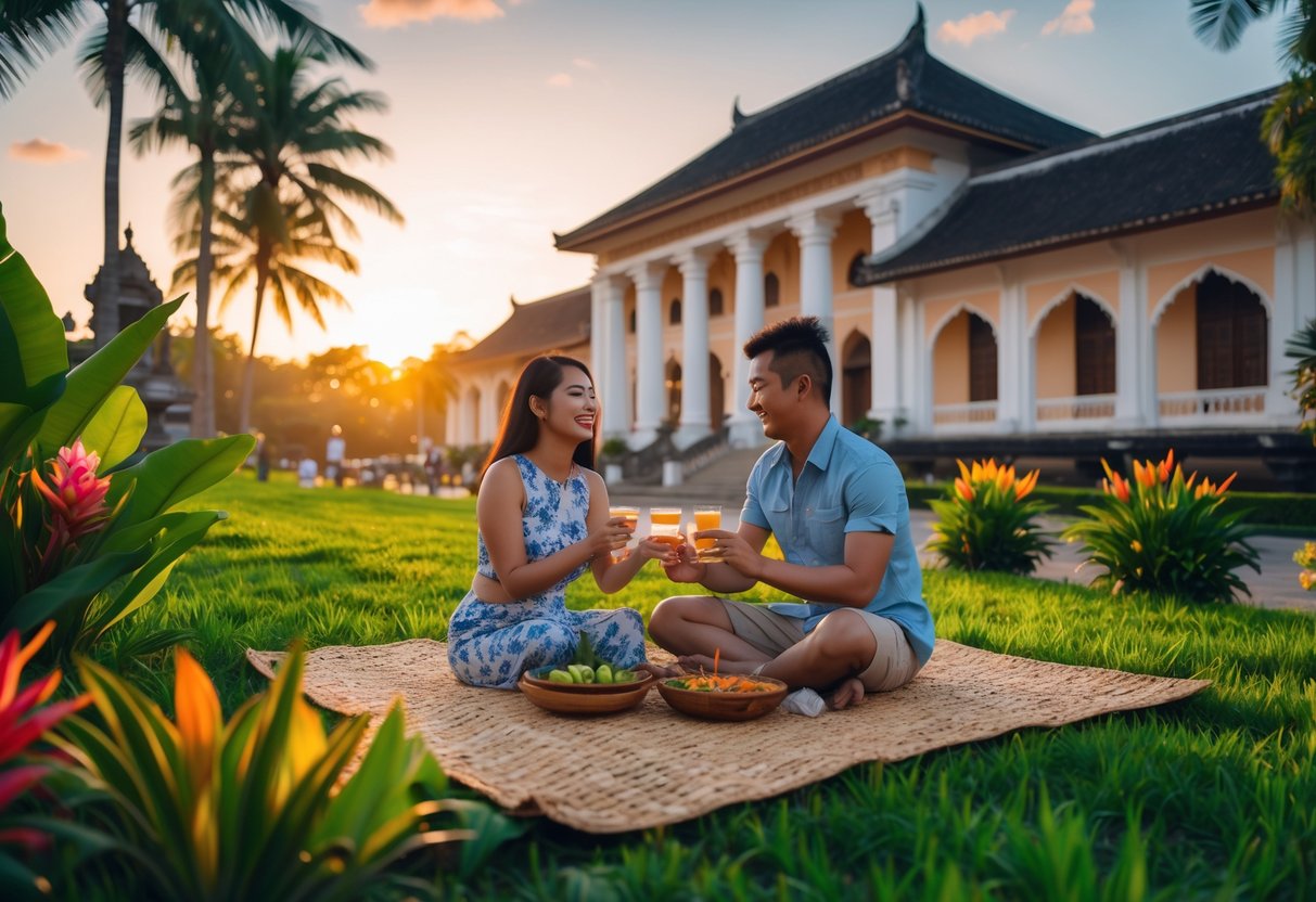 A young couple having a picnic near a historic building surrounded by greenery during sunset.