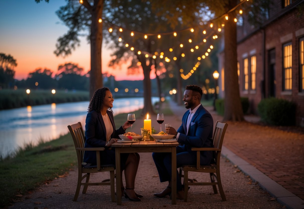 A couple enjoying a romantic outdoor dinner by a riverside park in Columbia, South Carolina at sunset.