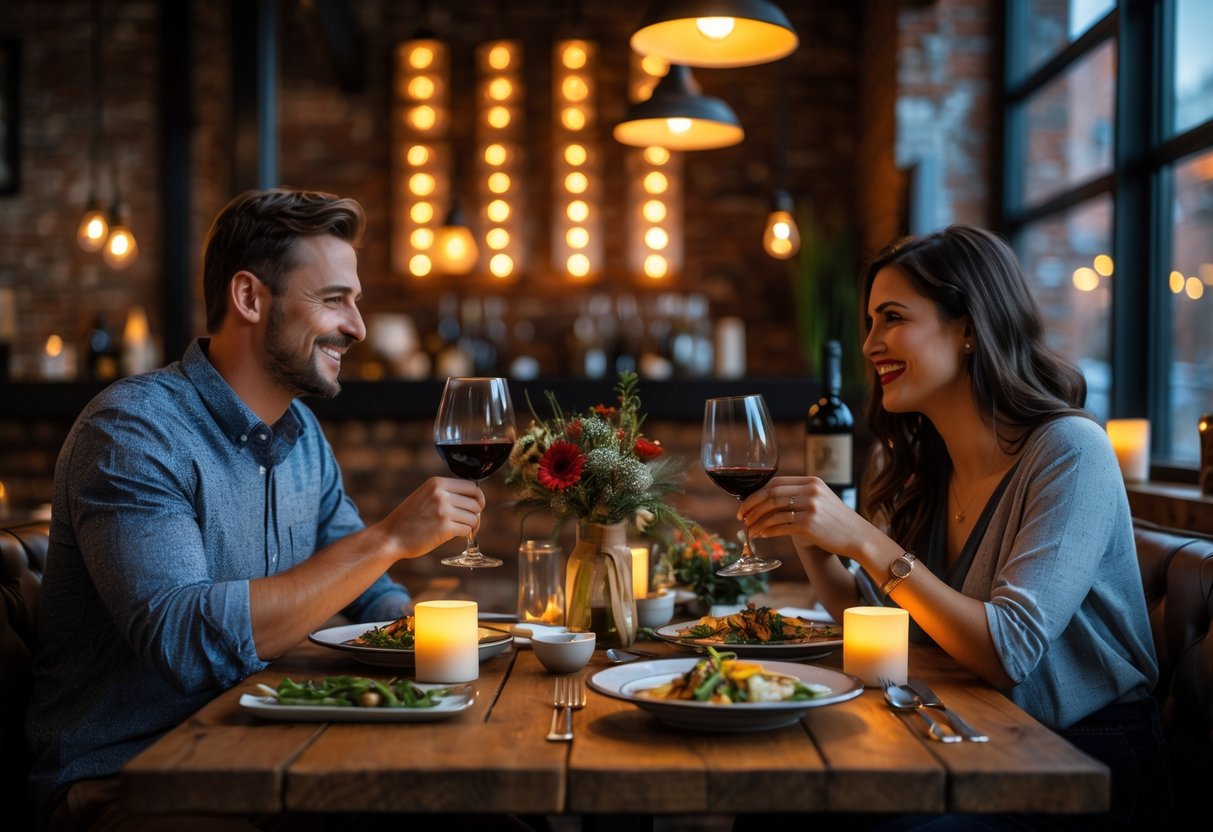 A couple enjoying a romantic dinner at a cozy bistro with candles and wine on the table.