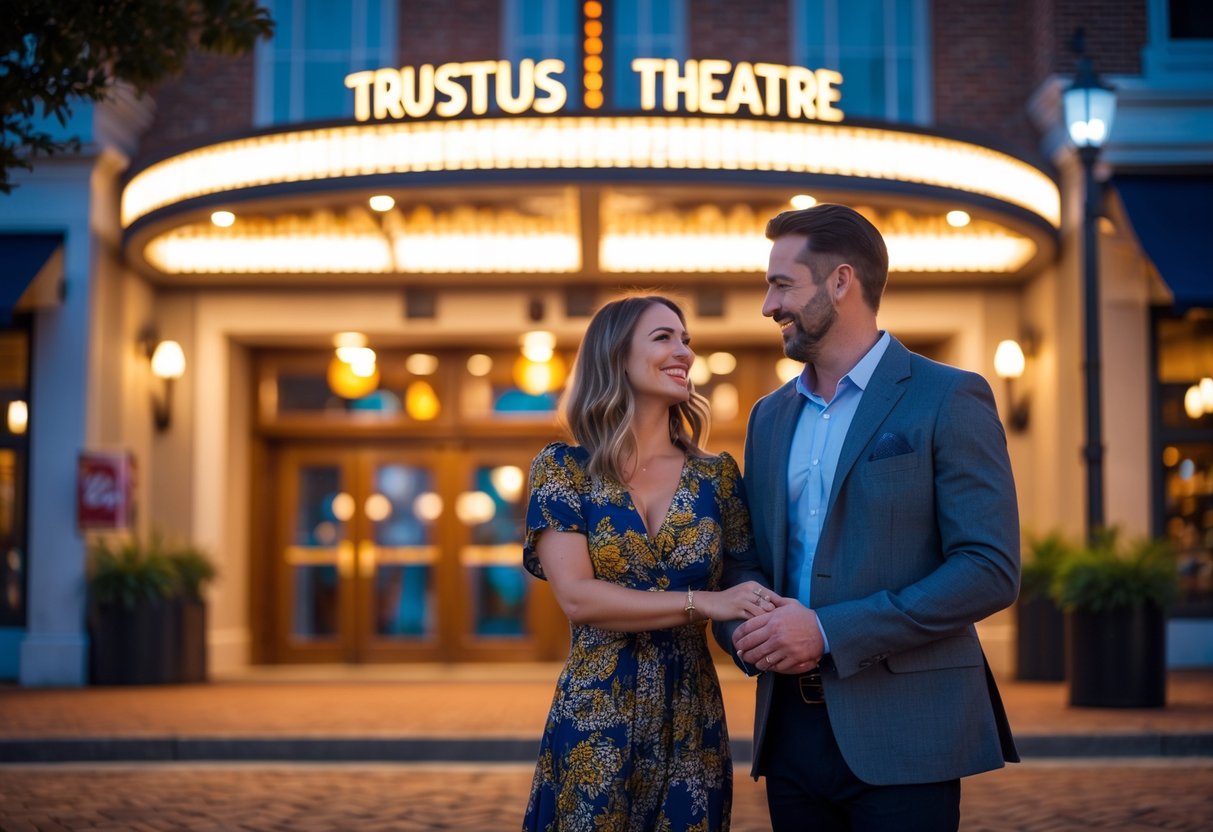 A couple dressed for a night out stands smiling outside the entrance of a theatre in the evening.