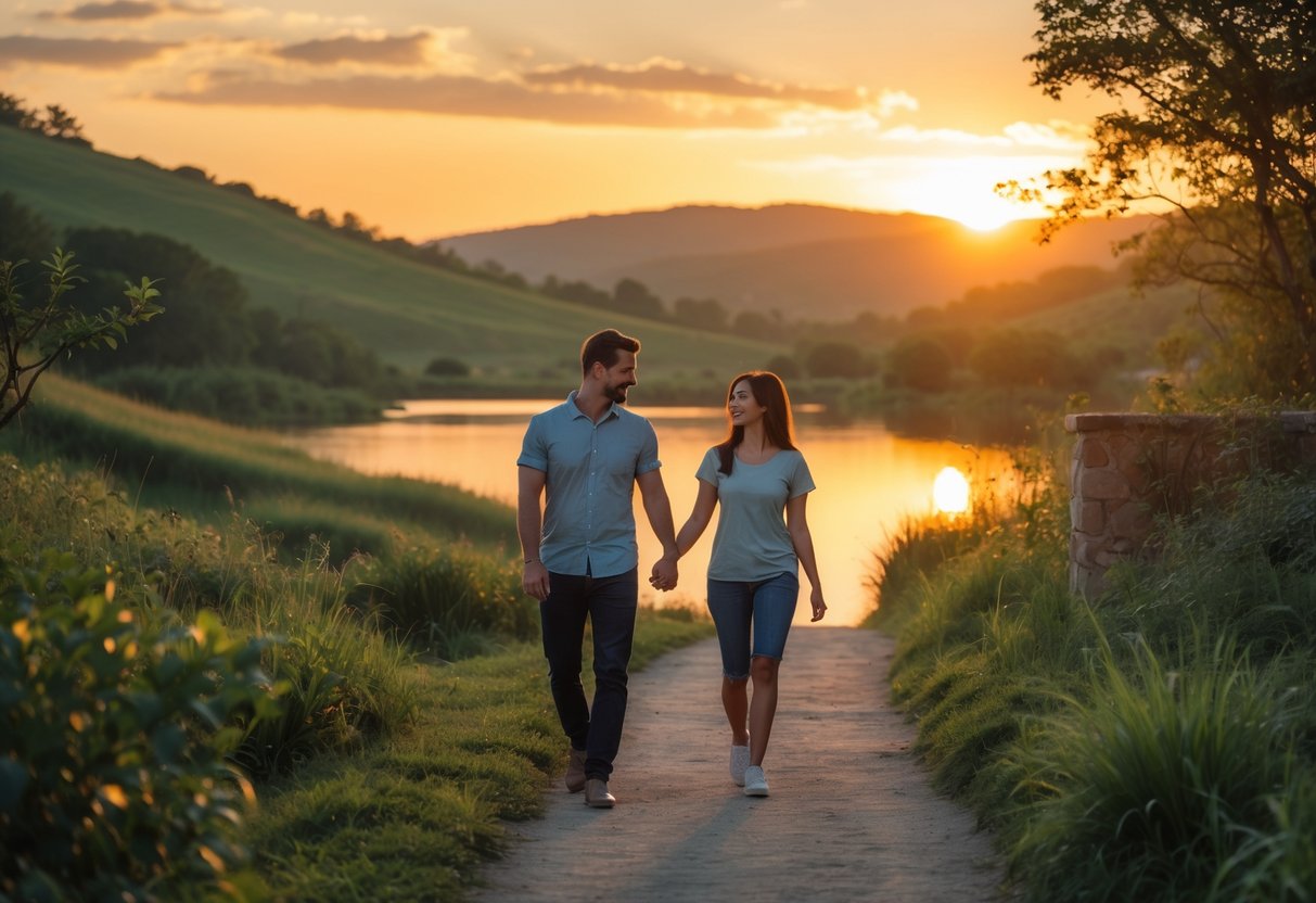 A couple walking hand in hand along a nature path at sunset with warm colors in the sky.