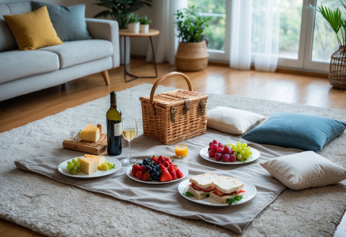 Indoor picnic setup on a living room floor with a blanket, picnic basket, wine glasses, fruit, and cheese platter.