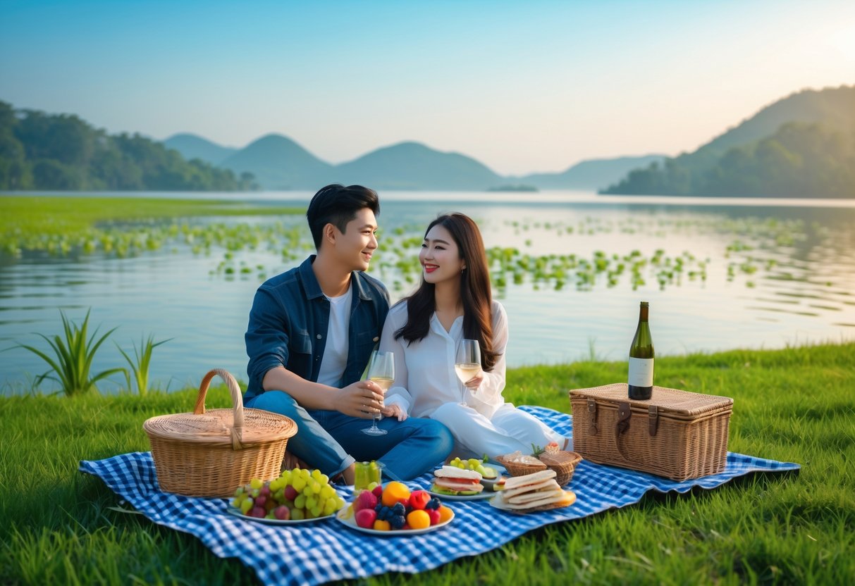 A young couple having a picnic on a blanket by the calm waters of Rawa Pening Lake surrounded by greenery and hills.