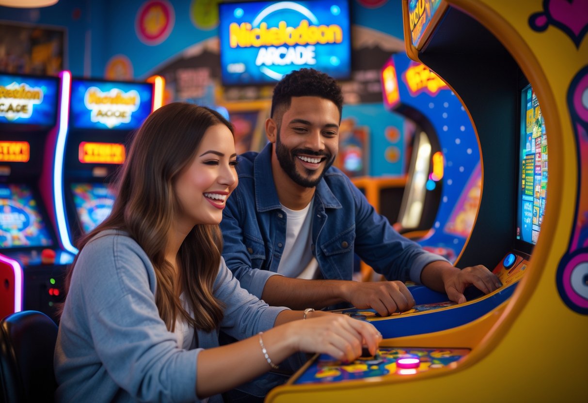 A young couple playing arcade games together in a colorful arcade with bright lights.