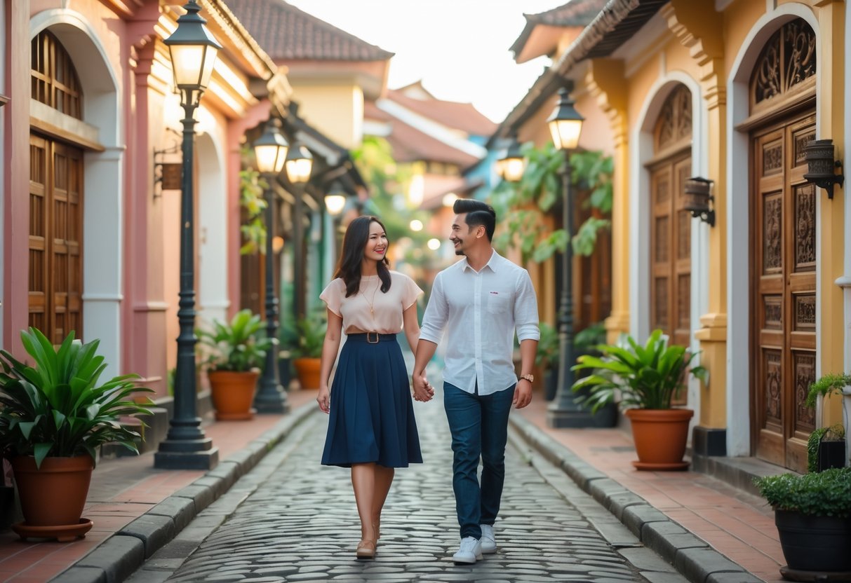 A young couple walking hand in hand on a cobblestone street in Semarang Old Town with historic buildings in the background.