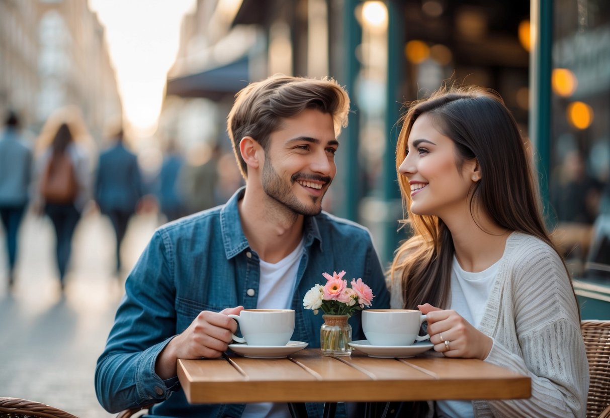 A young couple sitting at an outdoor café table drinking coffee and watching people walk by on a city street.