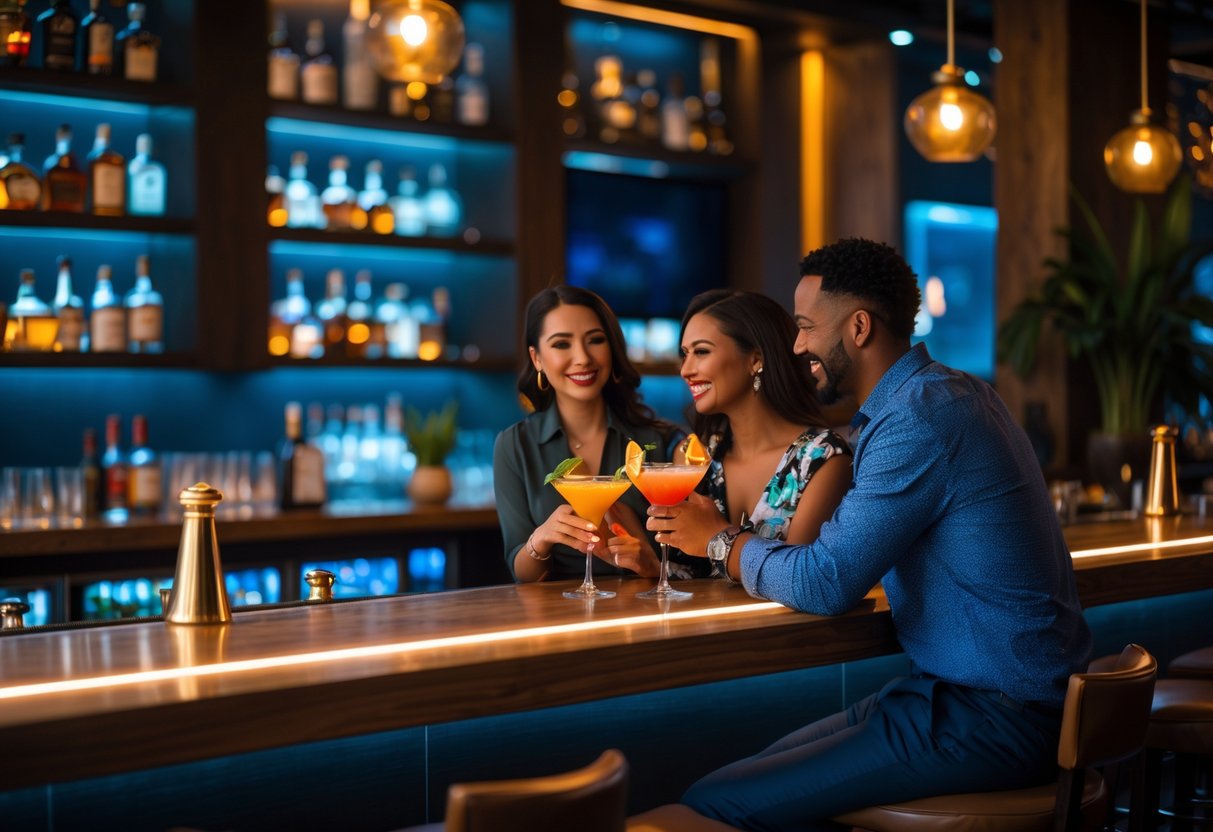 A couple enjoying craft cocktails together at a dimly lit bar with warm lighting and elegant decor.