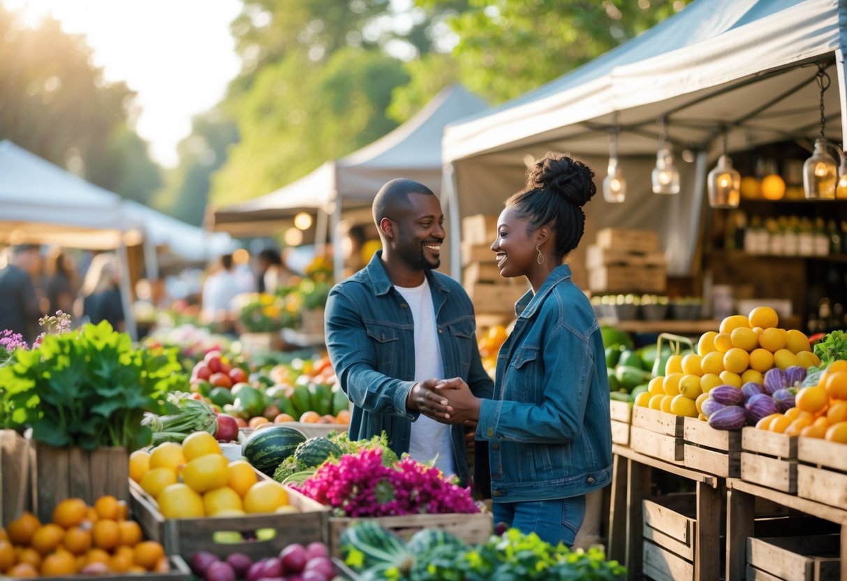 A couple smiling and holding hands while browsing fresh produce at a busy outdoor farmers market.