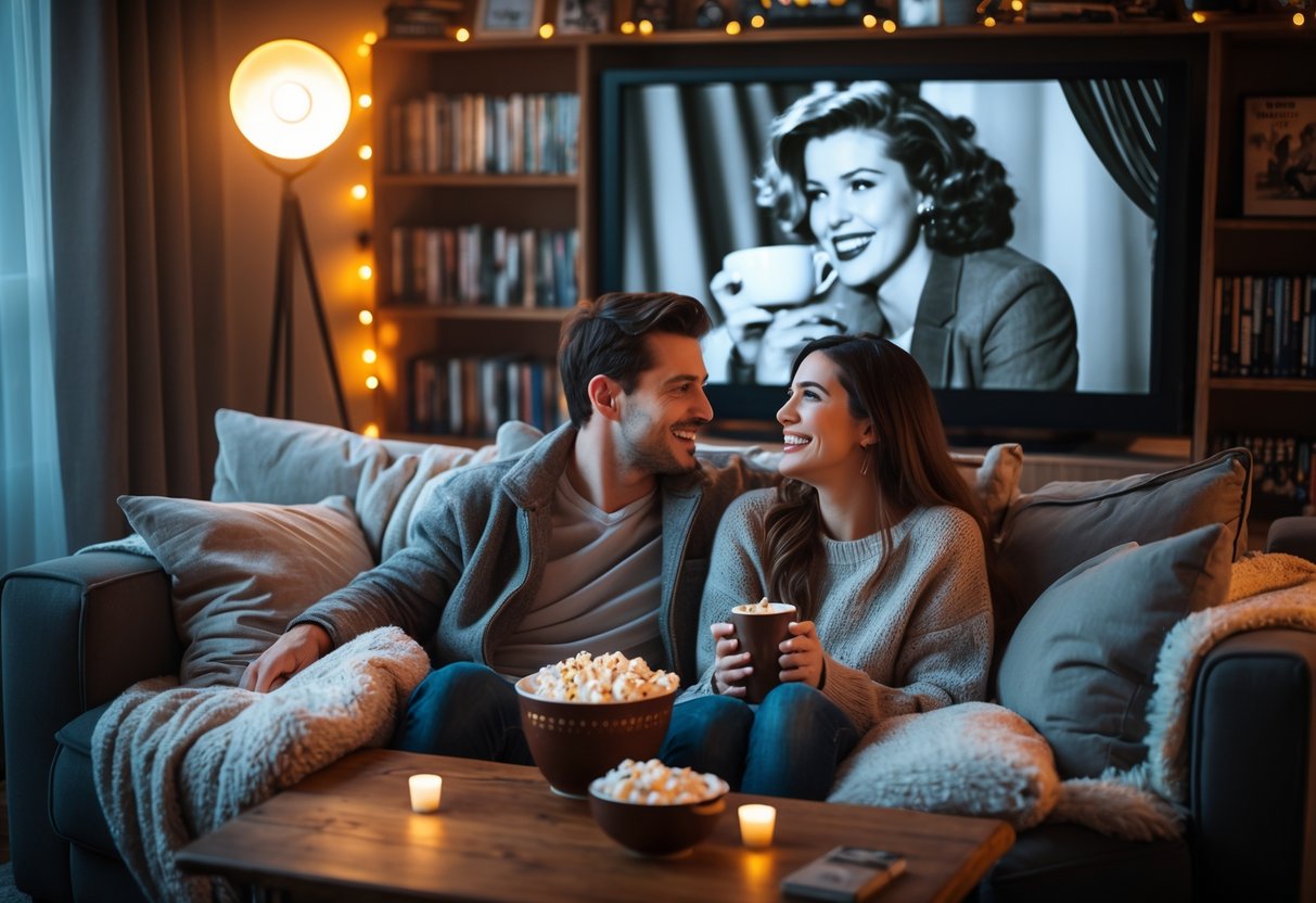 A young couple sitting on a sofa watching a classic movie together, surrounded by blankets and snacks in a cozy living room.