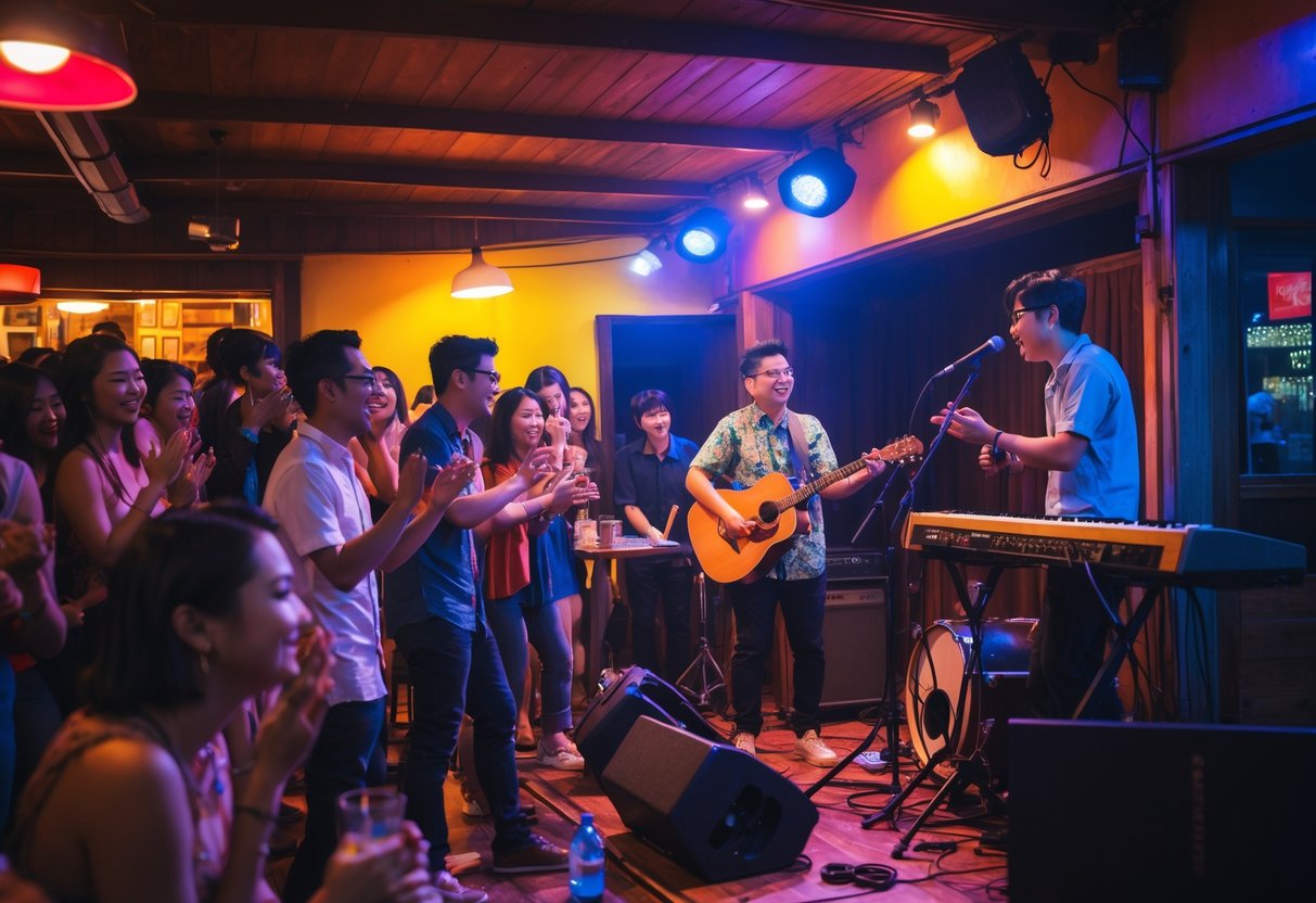 A crowd enjoying a live music performance at a small local venue with a band playing on stage.