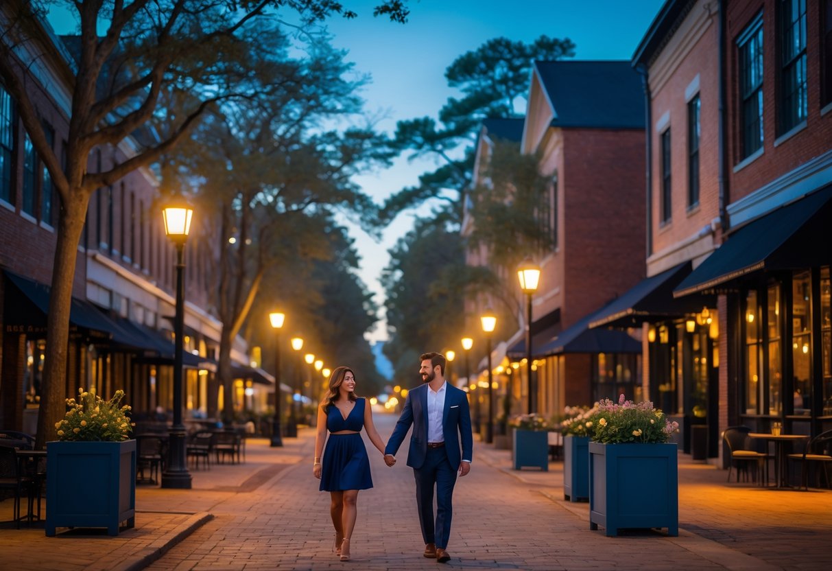 A couple walking hand-in-hand along a tree-lined street in the Congaree Vista district of Columbia, South Carolina, during the evening with warm streetlights and buildings in the background.
