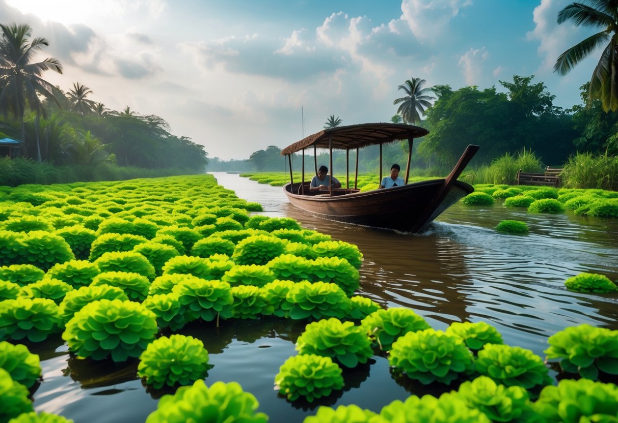 A wooden boat floating on calm water surrounded by dense green water hyacinth plants in a peaceful natural setting.