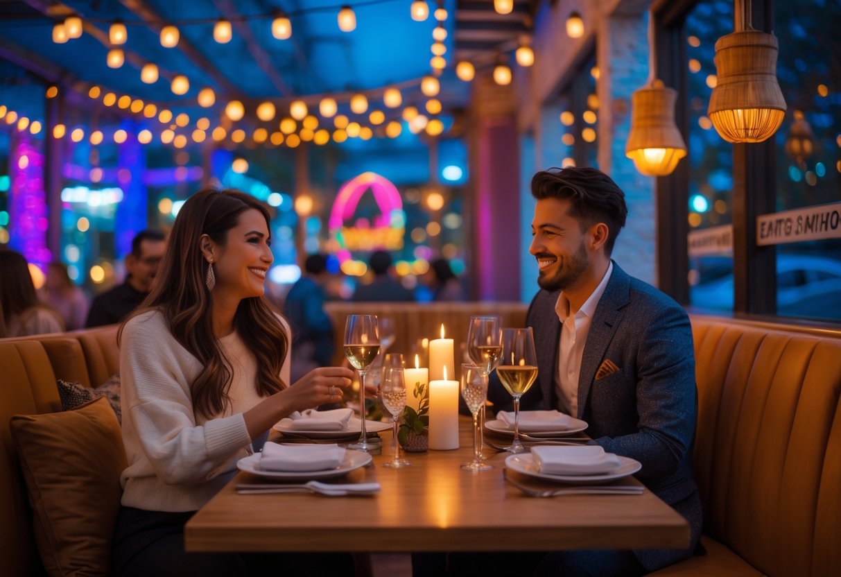 A couple enjoying a romantic dinner at a warmly lit restaurant with festive decorations and cozy seating.