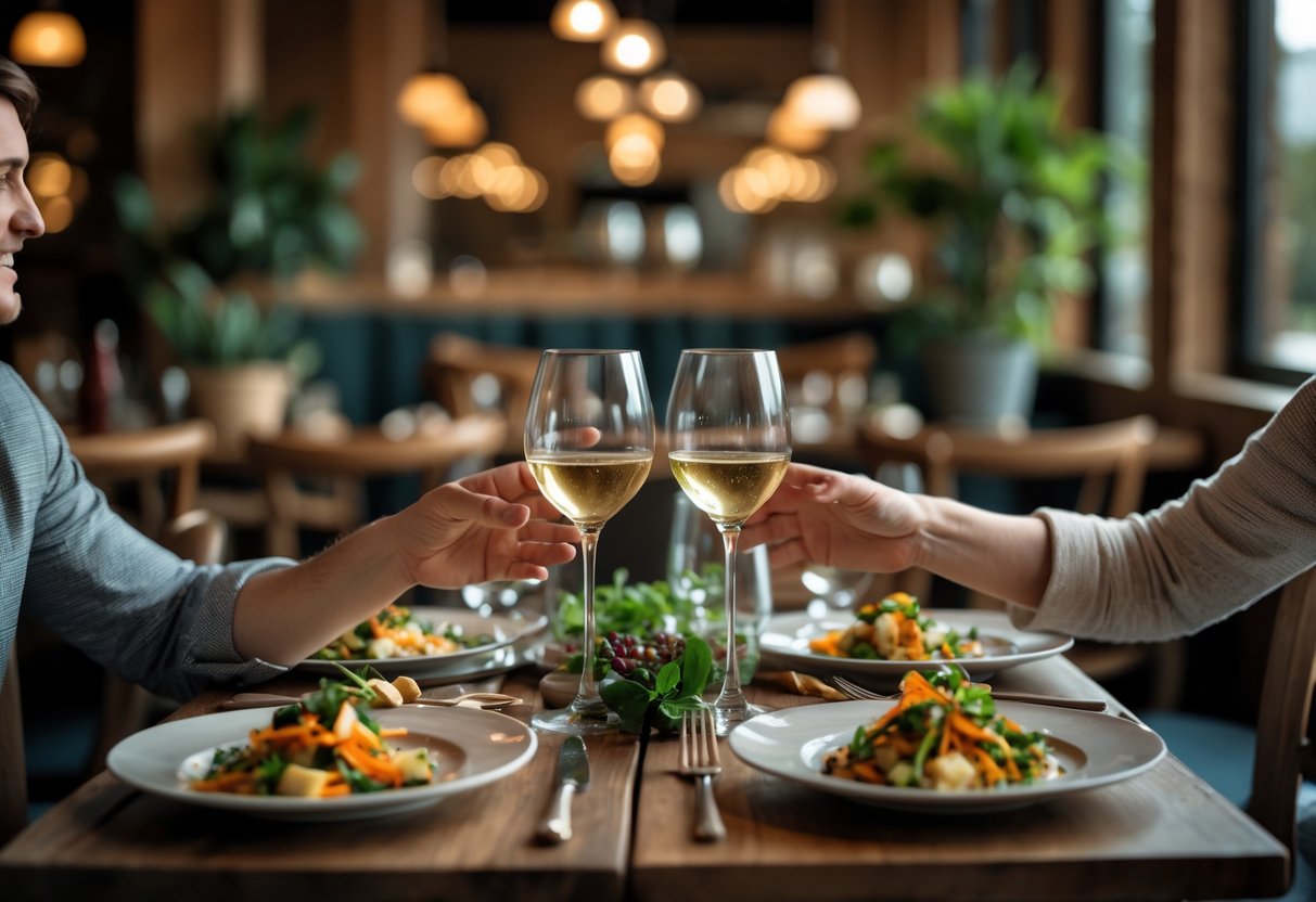 A cozy restaurant table set for two with fresh farm-to-table dishes and wine glasses in a warmly lit dining space.