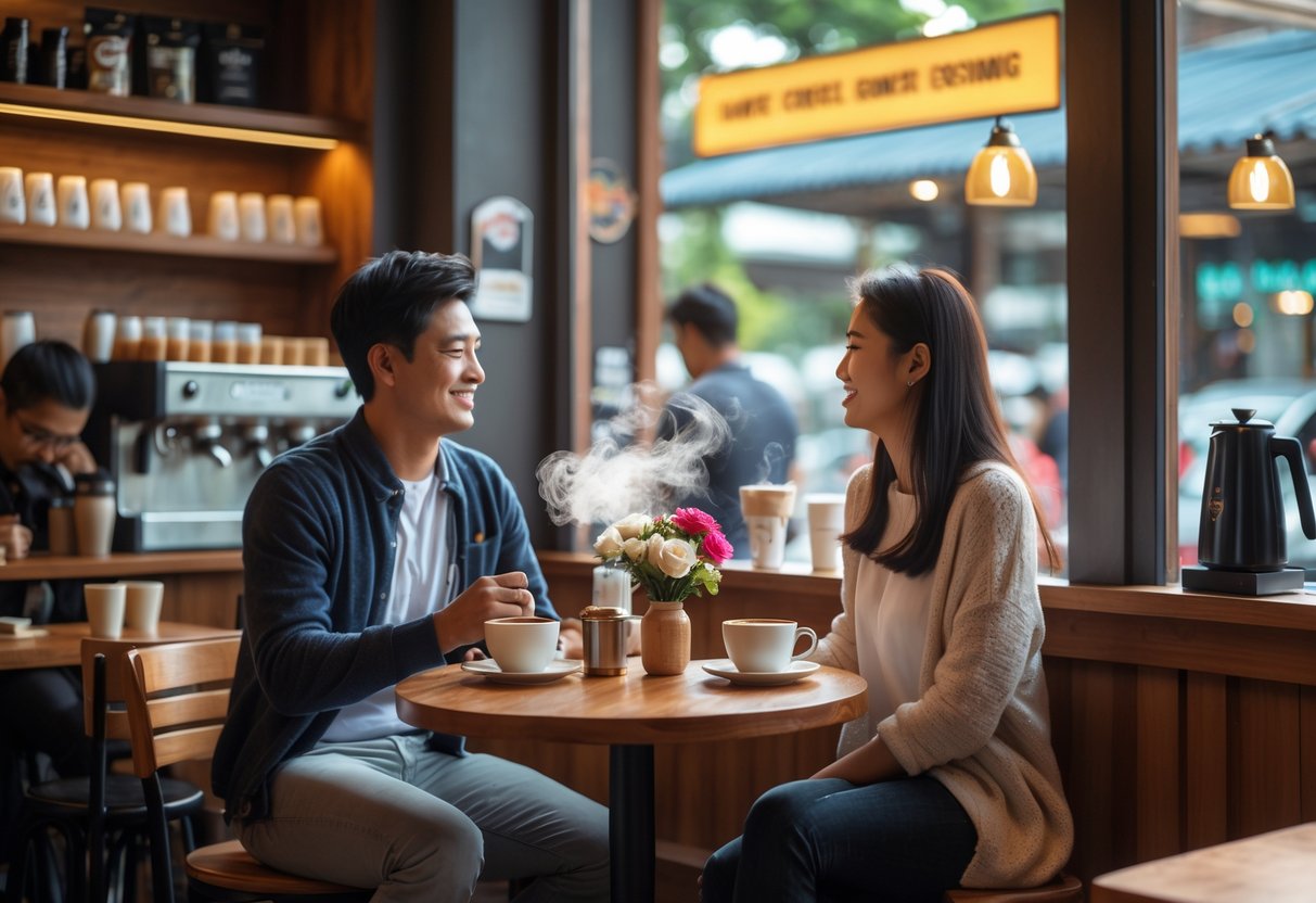 A young couple enjoying coffee together at a small table inside a cozy coffee shop.