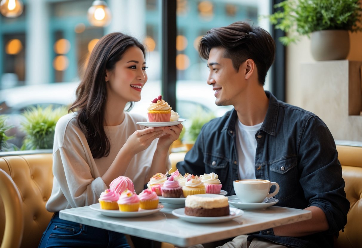 A young couple enjoying desserts together at a small table inside a cozy café.