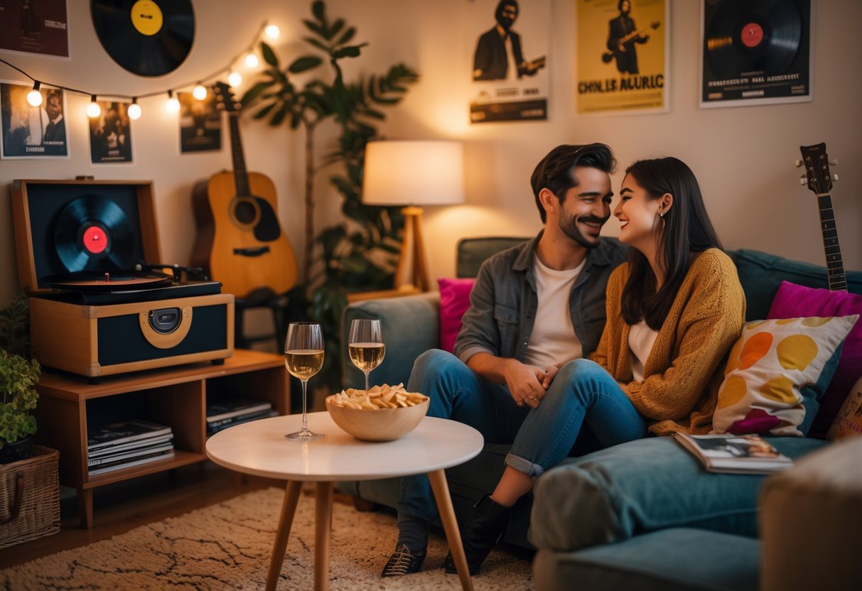Two people enjoying a cozy music night at home with wine, snacks, and a record player in a warmly lit living room.