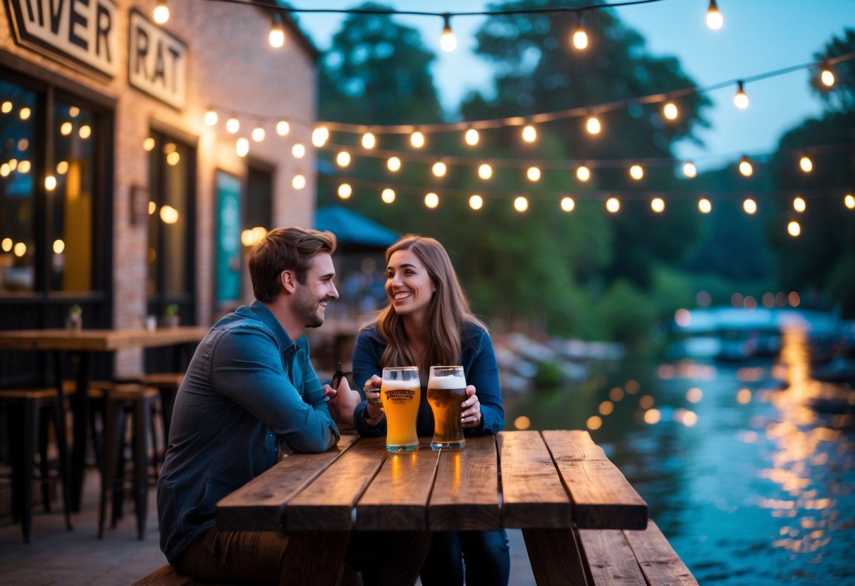 A couple enjoying drinks at an outdoor table by the river near a brewery in the evening.