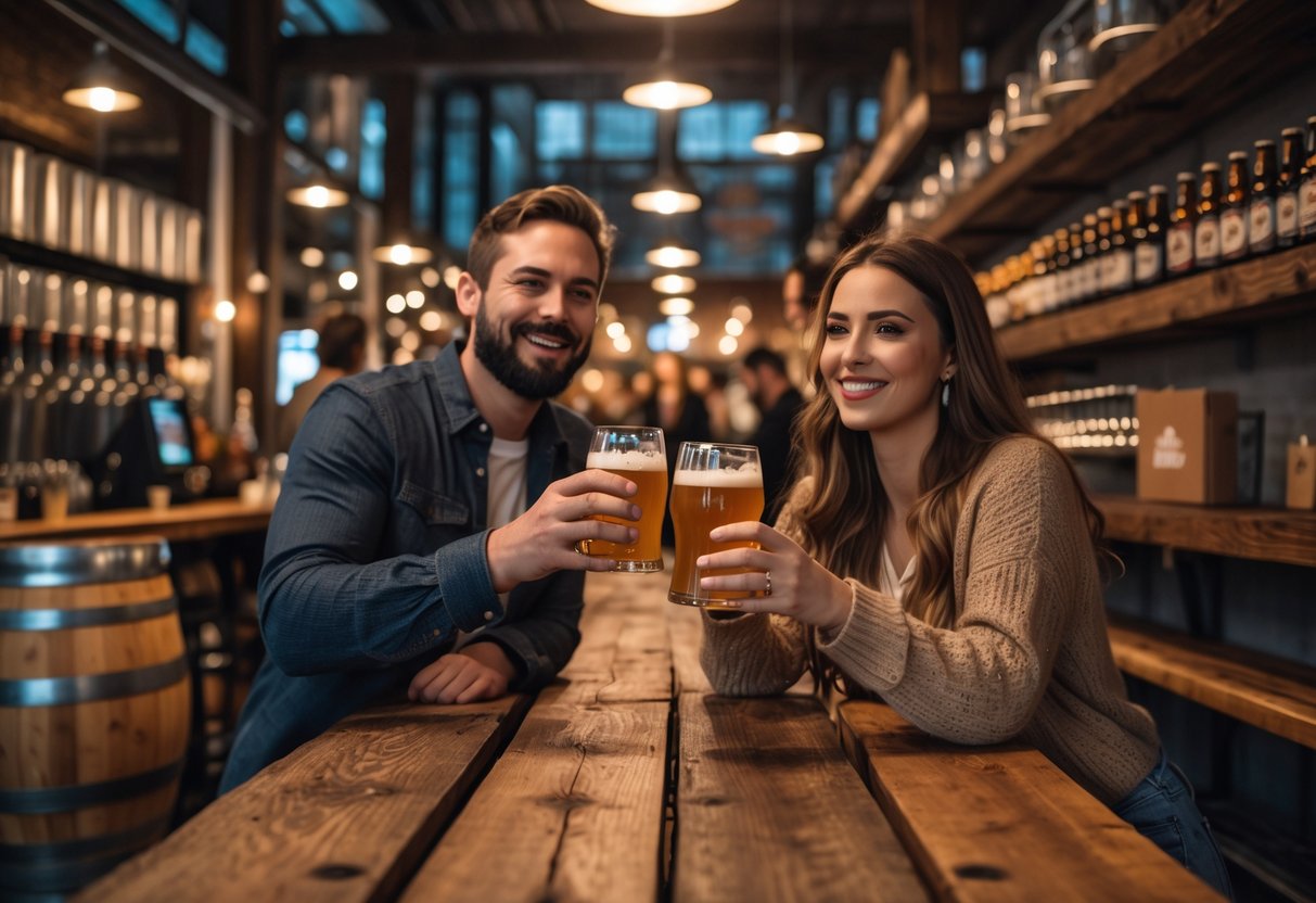 A couple clinking glasses of craft beer inside a local brewery during a date night.