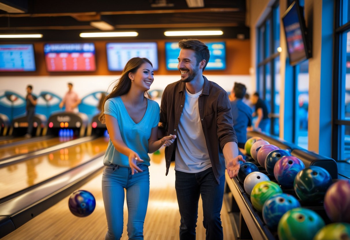 A young couple bowling and enjoying a date night together at a busy bowling alley.