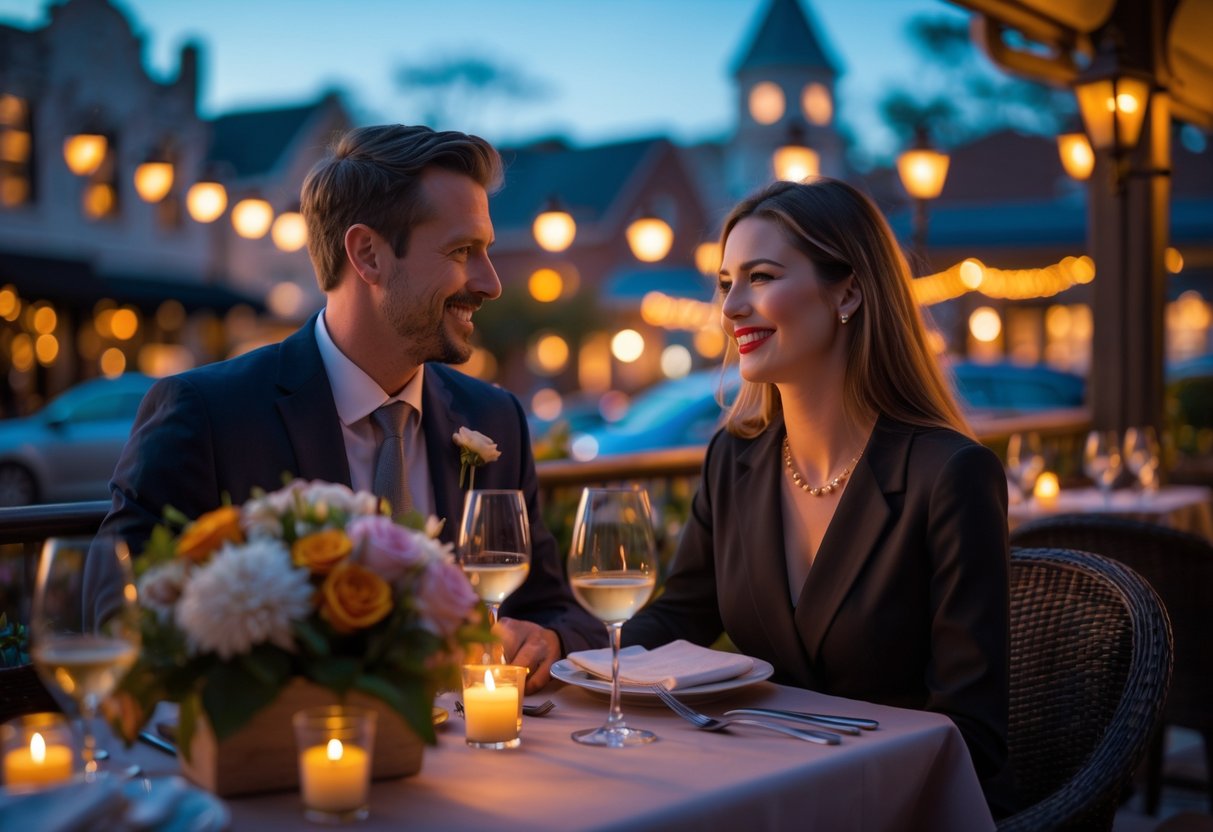 A couple enjoying a romantic outdoor dinner at a restaurant patio in the evening with city lights in the background.